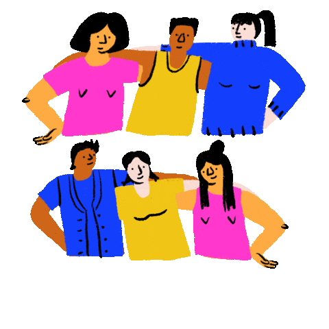 Illustrated gif. Two diverse trios of friends, arms around each other's shoulders, a handwritten appears, "You are not alone."