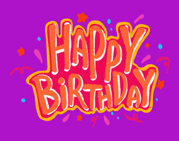 Text gif. Against a purple background, the flashing, multicolored text "Happy Birthday" decorated with stars and streamers.