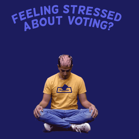 Video gif. Man breathing deeply in a yellow shirt with a ballot box icon sits cross-legged against a dark blue background. Text, “Feeling stressed about voting? Breathe out. Breathe in. Check guides.vote.”