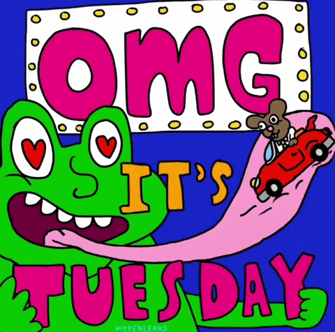 Illustrated gif. A frog with heart eyes has a mouse in a car sitting on the tip of their tongue, which is pulled all the way out and stretches across the screen. The entire illustration flashes bold, bright rainbow colors and is very frenzied. Text, "OMG, it's Tuesday"