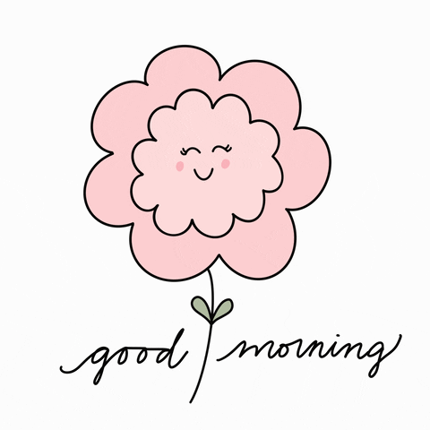 Illustrated gif. Pink flower with a cute smiley face. Text, “Good morning.”