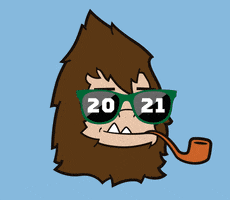 Cartoon gif. Sasquatch head with an underbite that shows off two pointy teeth and holds an orange pipe dons a pair of green 2021 sunglasses that are quickly replaced with yellow 2022 sunglasses. Red and white fireworks burst behind him.