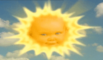 TV gif. A baby-faced sun from Teletubbies shines in the sky.
