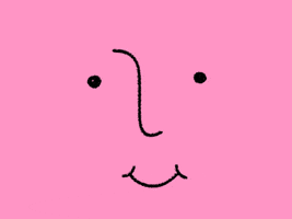 Digital art gif. A smiling face on a pink background looks at us and grins. A speech bubble floats out of its mouth and engulfs the screen reading, "Happy New Year!"