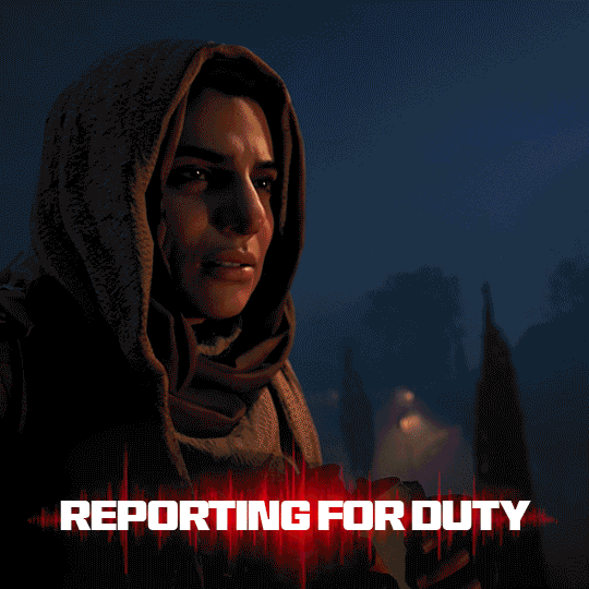 Video game gif. Montage of characters from "Call of Duty: Modern Warfare 3" looking ready for action. Text, "Reporting for Duty."