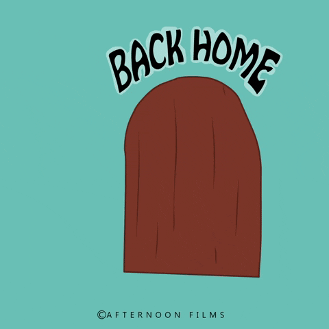 Cartoon gif. A brown and white dog pushes open a door and leans on it heavily as he pants exhausted. Text, "Back Home."