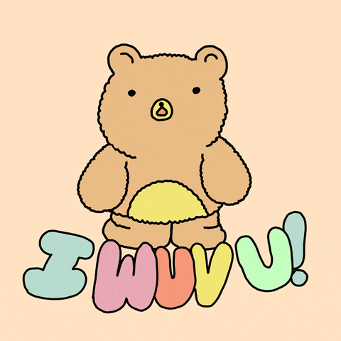 Cartoon gif. A fuzzy teddy bear lifts its arms as it smiles at us. Bouncing, multicolored Text, "I wuv u!"
