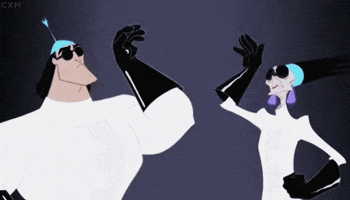 Disney gif. Kronk and Yzma from "The Emperor's New Groove" wearing lab coats and black gloves, high fiving each other.