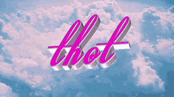 Text gif. A pink, 3D word with silver, metallic sides that reads, "Thot" revolves in the sky over a background of real, moving clouds. 