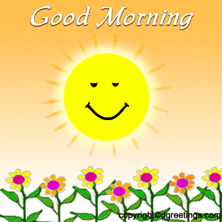 Digital illustration gif. Smiling sun shines over a field of flowers against an orange sky. Text, "Good morning."