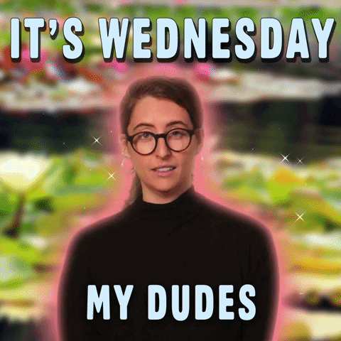 Video gif. A woman with a pink aura glowing around her says, “It's wednesday my dudes,” With a serious expression on her face. Sparkles shimmer around her.  