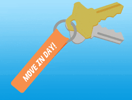 Illustrated gif. Set of keys scissor open and closed at the end of a keychain that reads, "Move in day!"
