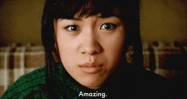 Movie gif. Ellen Wong as Knives Chau in Scott Pilgrim vs. the World stares at something in absolute awe and says with wide eyes, "Amazing," which appears as text.