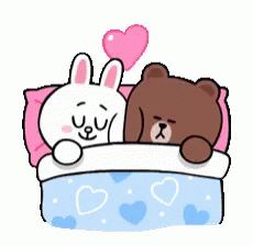 Digital illustration gif. White bunny and a brown bear are cuddled up in bed together, both fast asleep and breathing heavily as pink hearts float away from their heads.