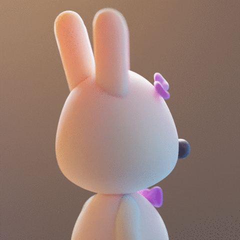 Kawaii gif. A white bunny with a pink bow and bow tie turns quickly and then looks back at us to wave. 