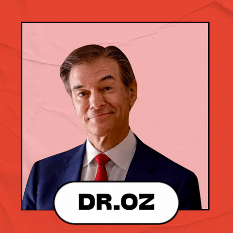 Photo gif. Make America Great Again hat adheres to a smiling photo of Dr. Oz framed in pink against an orange background. A stamp appears next to him that reads, “Is a Trump Republican.”