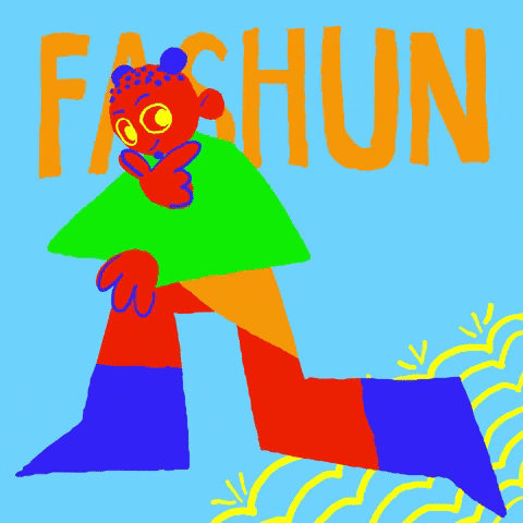 Illustrated gif. A colorful man kneels, holding his chin in his hand, then changes poses, moving to the other knee and holding his hands together in prayer. Text, “Fashun.”