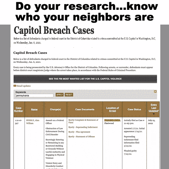 Video gif. Screenshot of a spreadsheet labeled “Capitol Breach Cases” scrolls continuously, listing the names and locations of defendants charged in federal court in the District of Columbia related to crimes committed at the U.S. Capitol in Washington, D.C. on Wednesday, January 6, 2021. The caption reads, “Do your research…know who your neighbors are.”