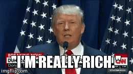 Political gif. Donald Trump is standing in front of American Flags giving a speech. He says, "I'm really rich," in full seriousness.