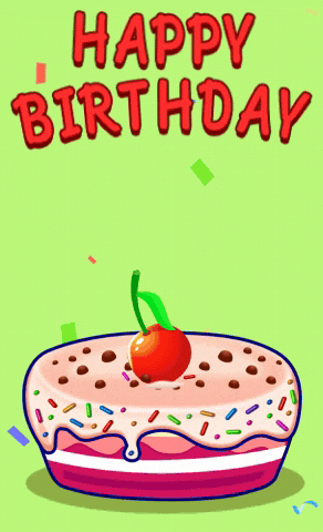 Cartoon gif. Lilly from Lucas and Friends pops out from the middle of a cake and blows a horn at us while a cherry sits on her head. Text, "Happy Birthday."