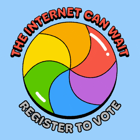 Digital art gif. Rotating rainbow circle that resembles a computer’s loading wheel gleams against a light blue background. Text, “The internet can wait; register to vote.”