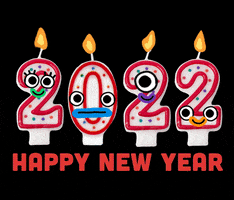 Text gif. Set against a black background, four numbers designed to look like birthday cake candles spell out 2022. The words "happy new year" blink rainbow colors below.