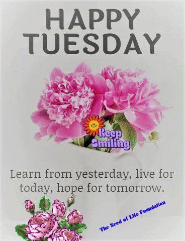 Illustrated gif. An illustration of a pink flower. A digital sticker on top of the flower with a smiley flower that moves around says, “Keep smiling.” Another digital sticker is a pink sparkly rose. Text, “Happy Tuesday. LEarn from yesterday, live for today, hope for tomorrow.”