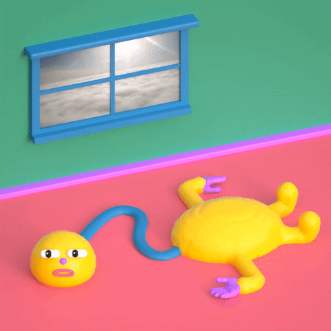 Digital art gif. The body of a yellow clay creature pulses on the ground while its head is suspended from a long blue neck. Its eyes dart back and forth as clouds drift by a window above it.