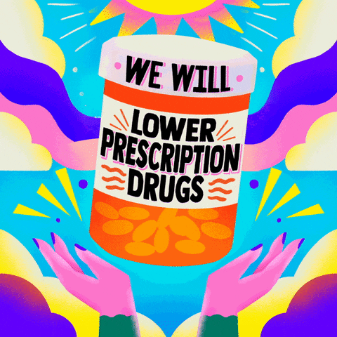 Digital art gif. Orange and white prescription bottle rocks back and forth over a colorful background that features two hands raised up to a shining sun. The bottle reads, “We will lower prescription drugs.”