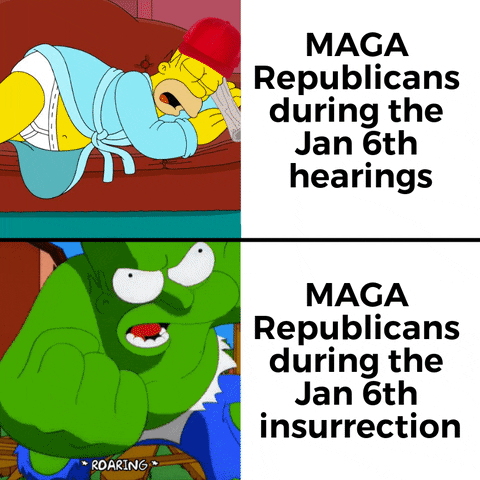 Meme gif. Two gifs. First gif: Homer Simpson, wearing a red hat and a blue robe that has fallen open to reveal tighty-whitey underwear, sleeps peacefully on his couch. Text, "M-A-G-A Republicans during the Jan. sixth hearings." Second gif: Homer as the Hulk, giant and green, stomps through a neighborhood angrily, stepping on a fallen fence. Text, "M-A-G-A Republicans during the Jan. sixth insurrection."