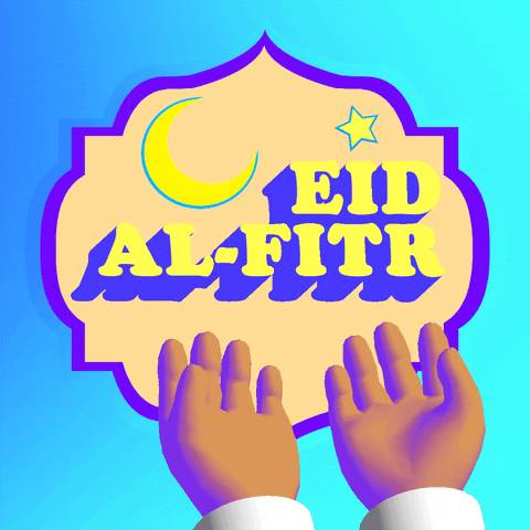 Digital art gif. Pair of animated hands reach toward a yellow, purple, and blue shield, text inside of which reads, "Eid al-Fitr," accompanied by an image of a large crescent moon and a star, everything against a shimmering blue ombre background.