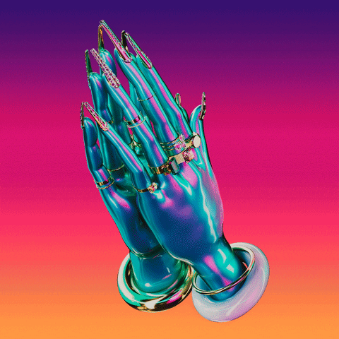 Digital art gif. Iridescent blue hands touch in prayer on a bright gradient background. Long, silver fingernails and ornate rings shine as the hands bow together.