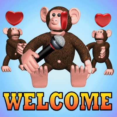 Cartoon gif. Two monkey 3D models clap behind a larger monkey 3D model robotically singing into a microphone while hearts circulate around its head. In a yellow to orange gradient font, text reads, "Welcome."