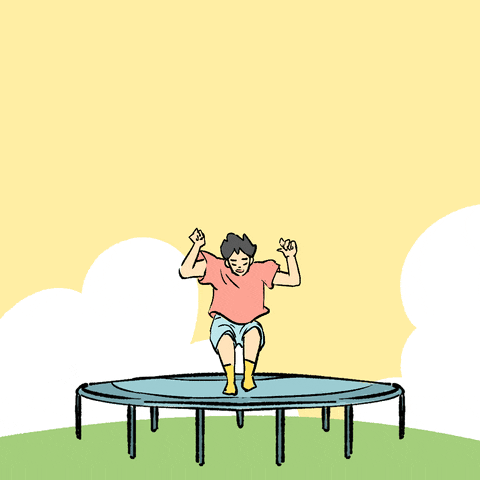 Kawaii gif. An excited boy jumps on a trampoline against a golden sky, reaching his arm out and waving. Text, “Good morning!”