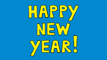 Cartoon gif. Simon, Ferdinand, and Lou from "Simon" hop up excitedly in front of text that reads, "Happy new year!"