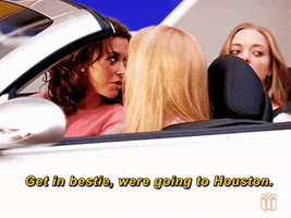 Movie gif. Rachel McAdams as Regina, Amanda Seyfried as Karen, and Lacey Chabert as Gretchen in Mean Girls beckon from a white convertible with the top down. Text, “Get in bestie, we’re going to Houston.”