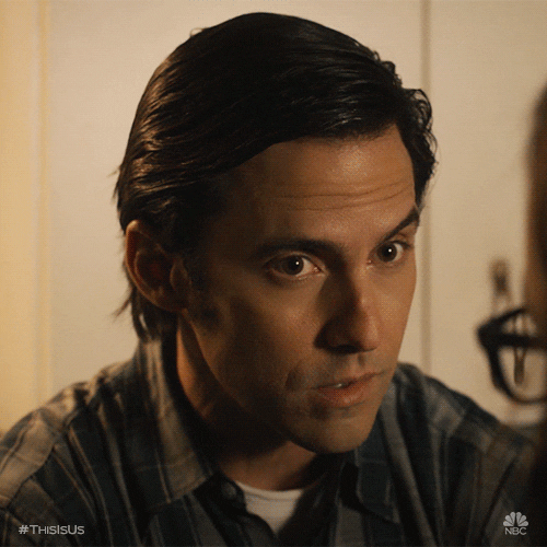 TV gif. Character Jack Pearson played by Milo Ventimiglia from This Is Us rears back in surprised realization with his eyes wide and his mouth hanging open.