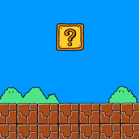Cartoon gif. Chippy the dog, in the world of Super Mario Brothers, hops up to break a question-mark box, which turns into a heart.