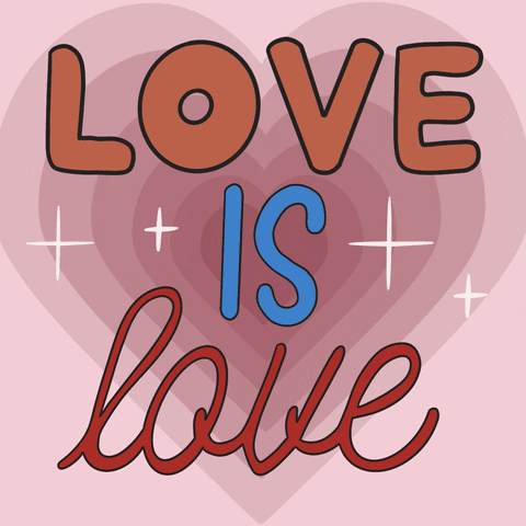 Text gif. Soft pink background with concentric hearts sits behind text that flashes through shades of blue, goldenrod, lavender, teal, tan, and red, reading "Love is love."