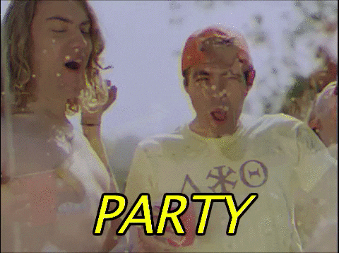 Gif se dvěma slavícími chlapci a nápisem "Party". 