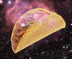 Digital art gif. A crunchy taco floats among various breathtaking scenes of outer space. 