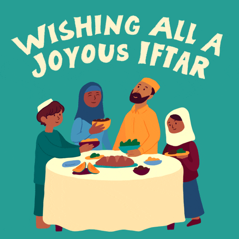 Digital art gif. Illustration of a Muslim family, the men wearing caps and the women wearing head coverings, standing around a table exchanging food. Text, "Wishing all a joyous Iftar," all against a dark teal background.