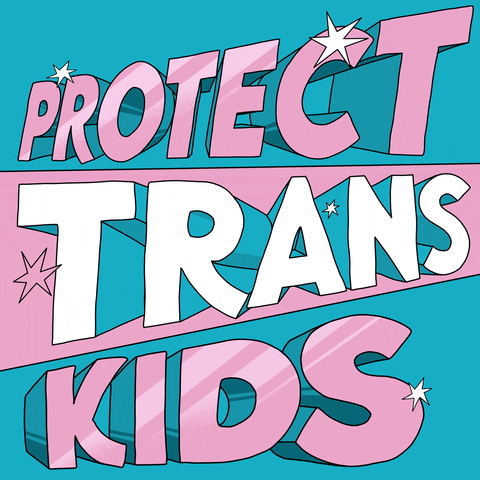 Text gif. Big, dynamic superhero letters in pink, blue, and white, and surrounded by twinkling stars read "Protect trans kids."