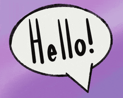 Text gif. Speech bubble reads, "Hello!" against a purple background.