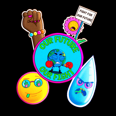 Digital art gif. Several colorful stickers join together over a black background, including an angry globe in boxing gloves, a fist in the air, a sad flower with a sign that reads “fight for our future,” a happy face with green and pink flames reflected in its sunglasses, and an angry drop of water. Text, “Our future, our fight.”