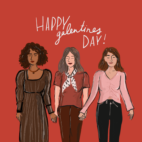 Illustrated gif. Three women stand in a line shoulder to shoulder facing forward while holding hands and smiling with their eyes closed. Their images shimmer in front of a red background. Text, "Happy Galentines Day!"