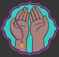 Illustrated gif. Two hands put together and are held open with their palms up and they hold purple prayer beads. The hands glow green and the prayer beads move gently.