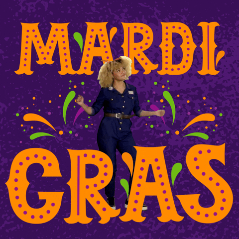 Video gif. A woman wearing a blue jumpsuit dances in between the words, "Mardi Gras," which are written in big decadent orange font. The background is purple with green, orange, and purple confetti. 