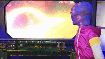 Video gif. A person wearing a purple "gray alien" in a magenta tracksuit turns away from a computer console depicting explosions and a biohazard symbol. The alien puts their three-fingered hands together in prayer and bows their head.
