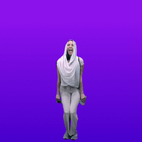 Video gif. Woman wearing a white hijab smiles and throws her arms up as cash rains down around her in front of a purple background. Text, "Tax refund!"
